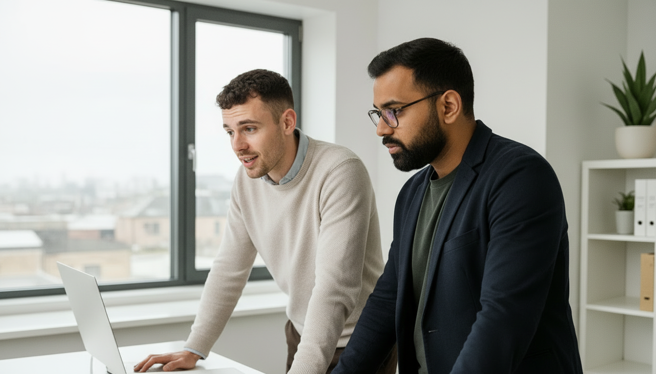 Adam and Omar collaborating in a UK content studio, discussing AI-supported content quality during an active work moment.