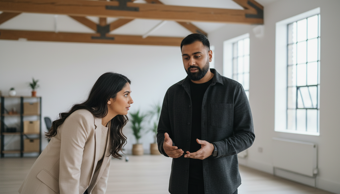 Two professionals collaborating in a UK content studio, discussing AI influencers for e-commerce.