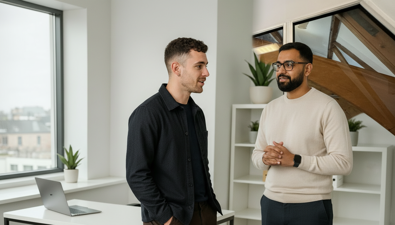 Adam and Omar collaborating on SEO strategy during a candid professional discussion in a UK office setting.
