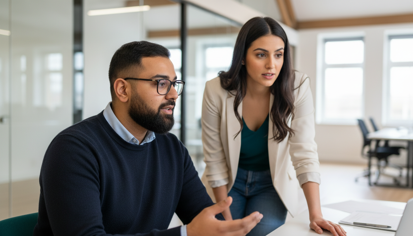 Omar and Sara discussing AI skills and team capability inside a UK office during a working session.