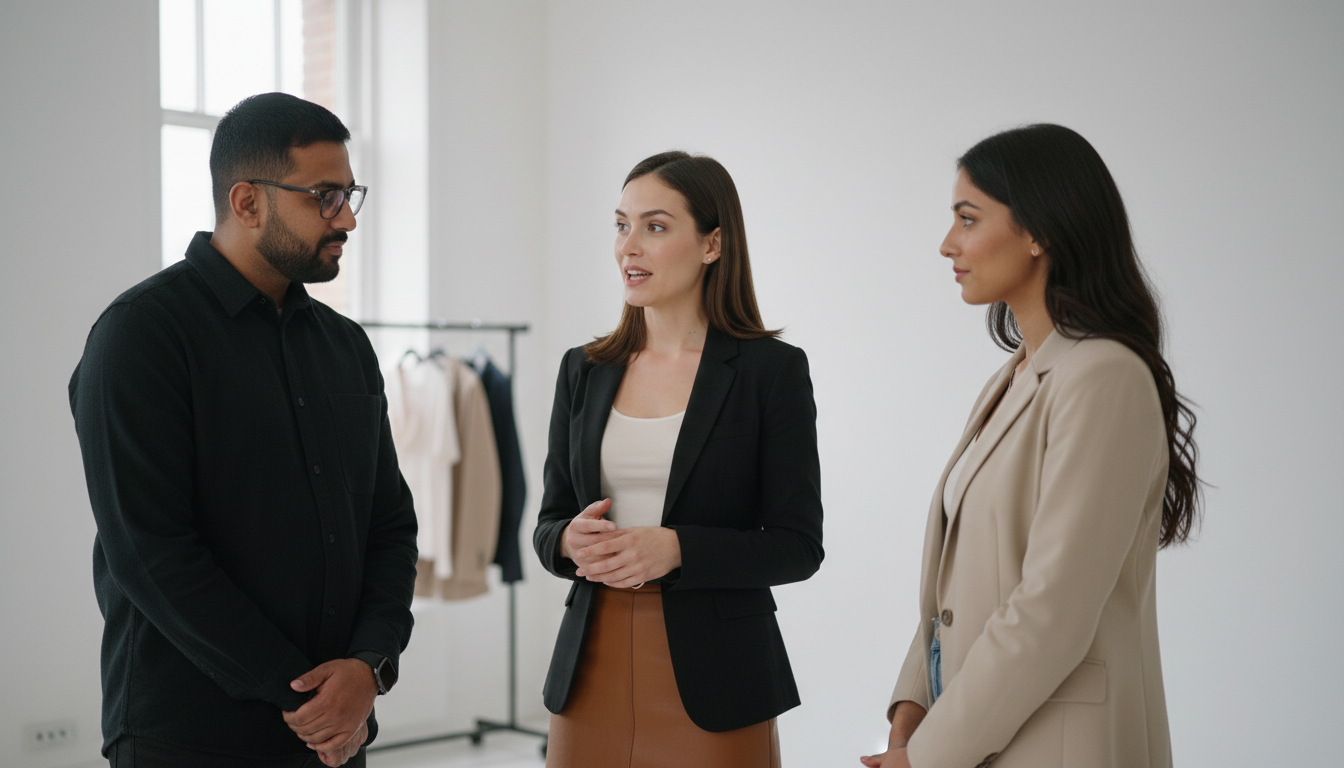 Jessica collaborates with Omar and Sara inside a UK content studio, discussing TikTok fashion content strategy.