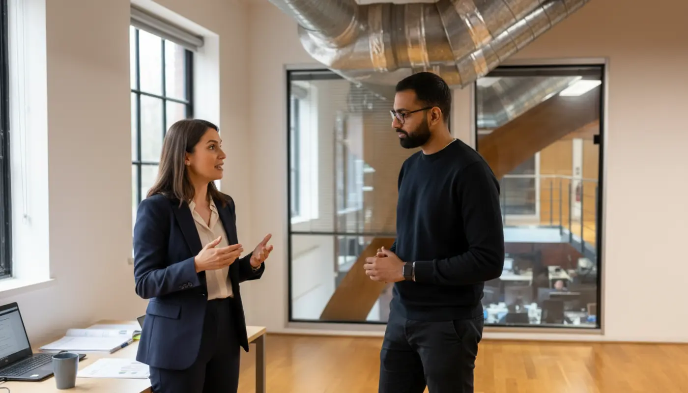 Jessica and Omar discussing AI risks and benefits inside a UK office, engaged in a natural work conversation.