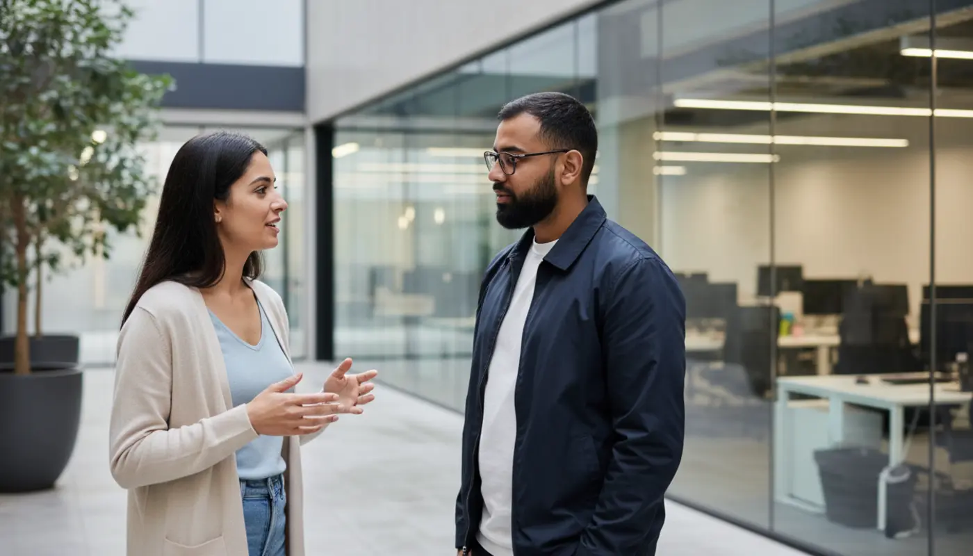 Sara and tall Omar discussing branding ideas outdoors in a UK business courtyard.