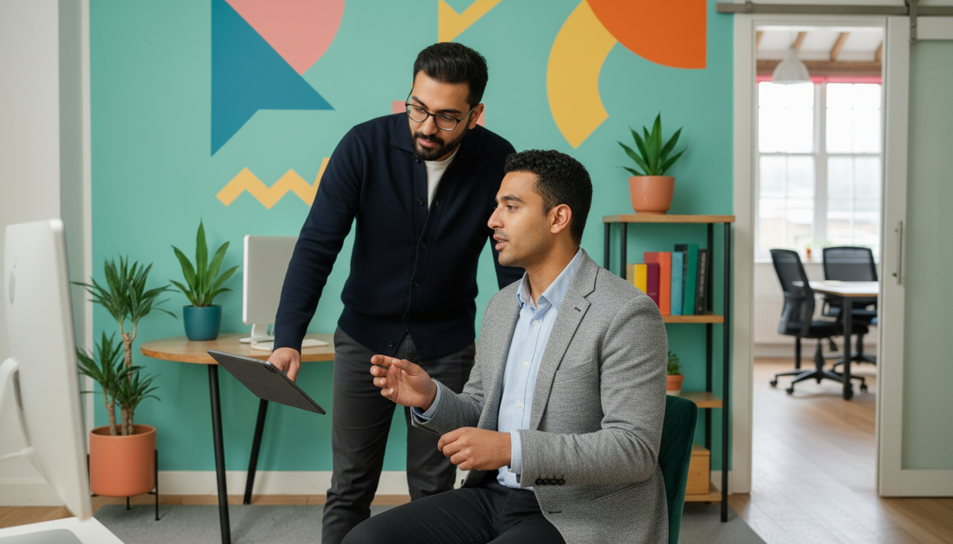 Two UK ecommerce consultants discussing a Shopify strategy for entrepreneurs in a real Cleartwo workspace.