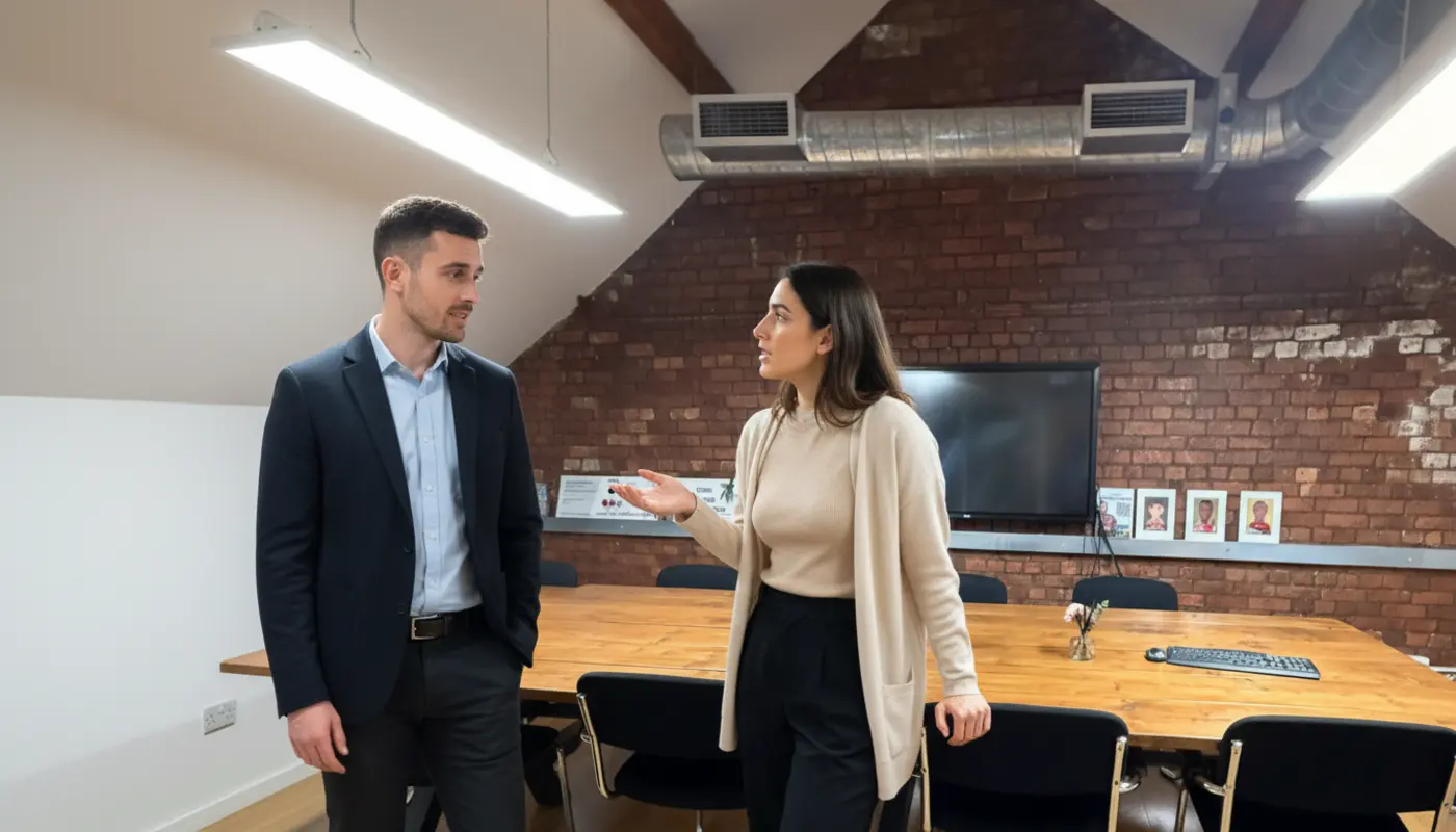 Adam and Sara discussing VOIP setup inside a UK office, mid-conversation with natural professional body language.