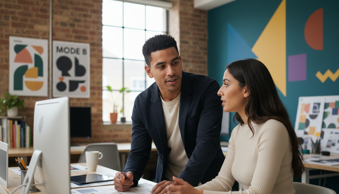 Zak and Sara discussing design concepts inside a UK creative studio, captured naturally mid-collaboration.