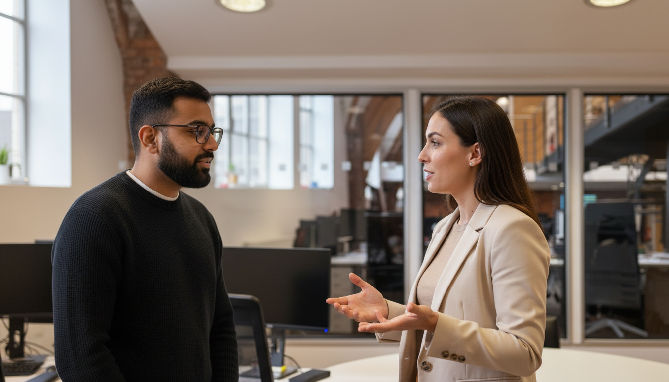 Jessica and Omar collaborating in a UK office, discussing digital marketing strategy for business growth.