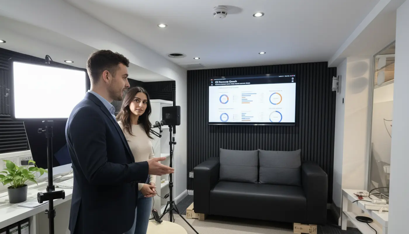 Adam and Sara discussing e‑commerce revenue structures inside a UK office, mid‑conversation.