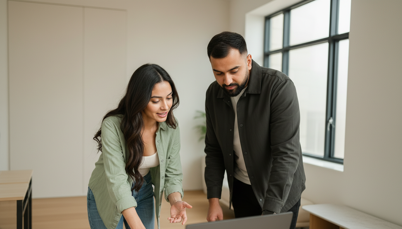 Sara and Omar collaborating in a UK office during a Gmail to Office 365 migration discussion.