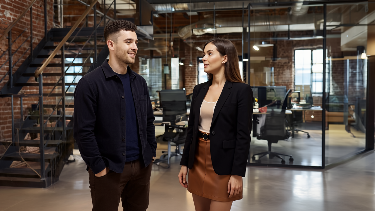 Two UK office professionals discussing AI-driven analytics in a modern business setting, conveying collaboration and smart decision-making.