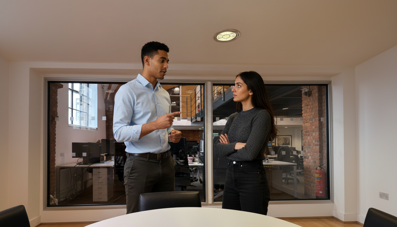 Zak and Sara collaborating inside a UK contact‑centre environment, mid‑discussion, with Zak lightly gesturing.