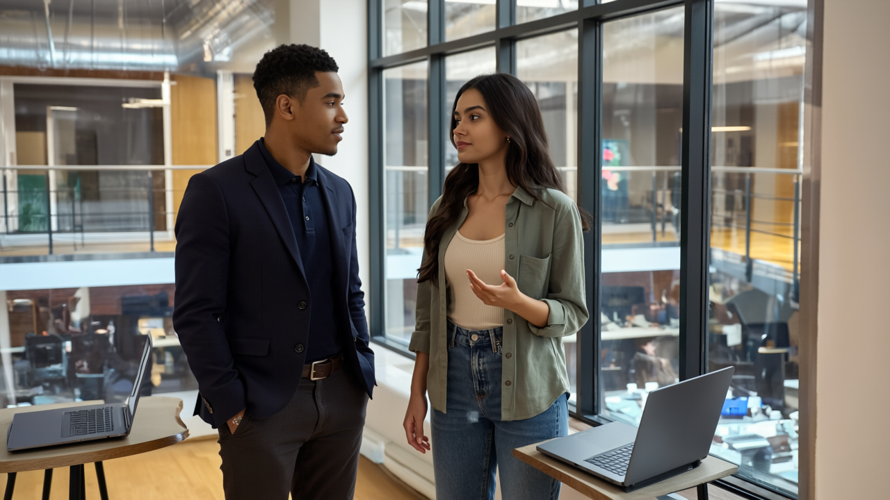 Two professionals collaborating in a modern UK office, expressing engagement and thoughtful discussion on online promotion.