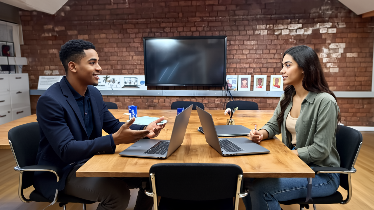 Two professionals collaborating in a modern UK office discussing SEO strategies, showing engaged and confident expressions.
