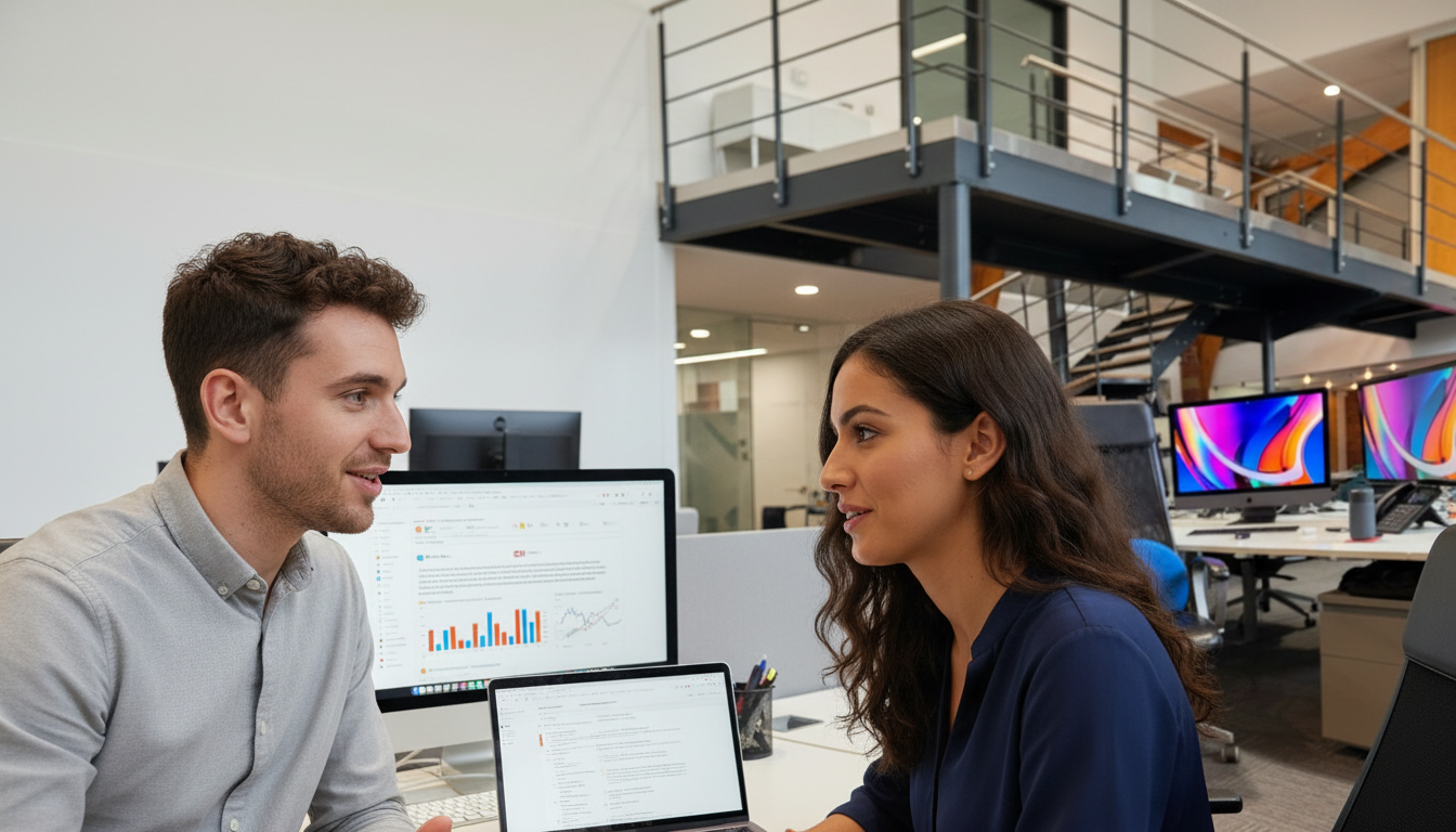Adam and Sara discussing UK SEO strategy inside a real UK office, mid‑conversation.