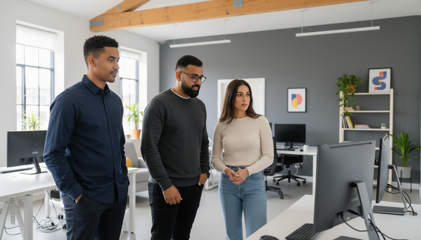 Omar, Sara, and Zak collaborating in a UK creator studio discussing social media strategy.