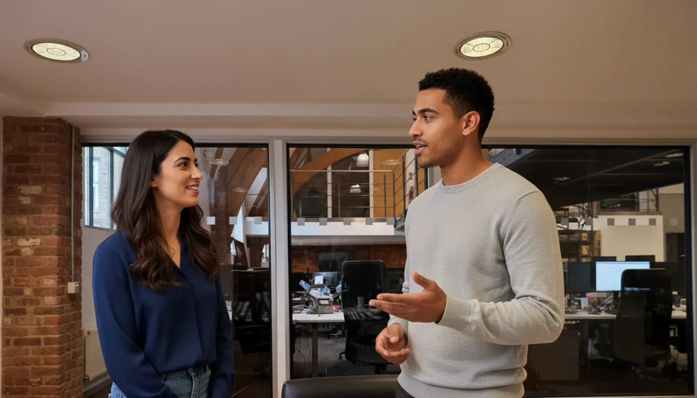 Zak and Sara discussing website performance inside a UK office, engaged in mid‑conversation collaboration.