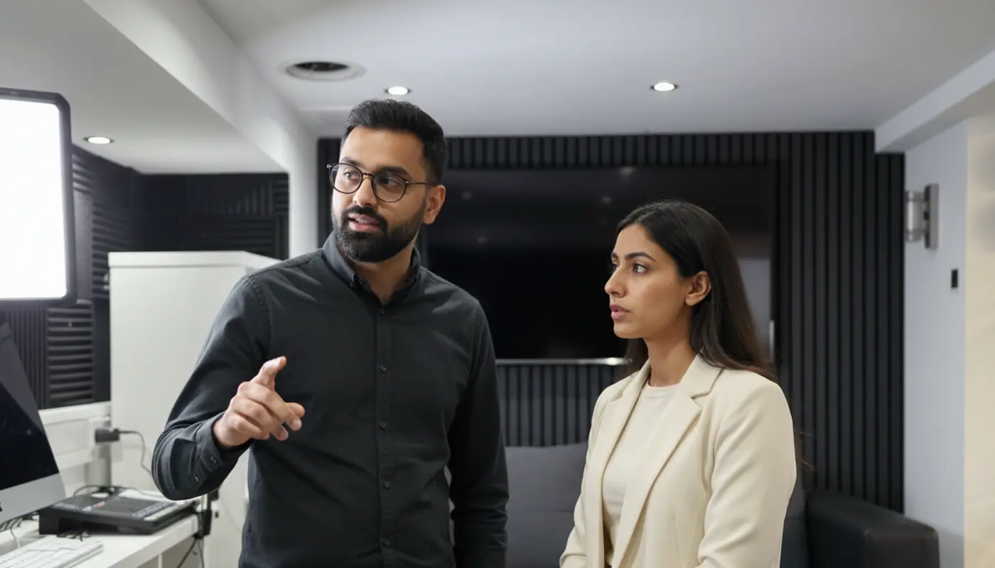 Omer and Sara discussing SEO audit work inside a UK office setting, captured candidly mid-discussion.