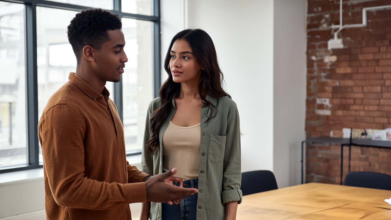Two professionals discussing logo design strategies in a modern UK office, dressed in casual business clothing with earth-tone accents, showing collaboration and focus.