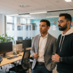 Zak and Omar discussing Microsoft 365 administration issues during an active IT support review in a UK office.