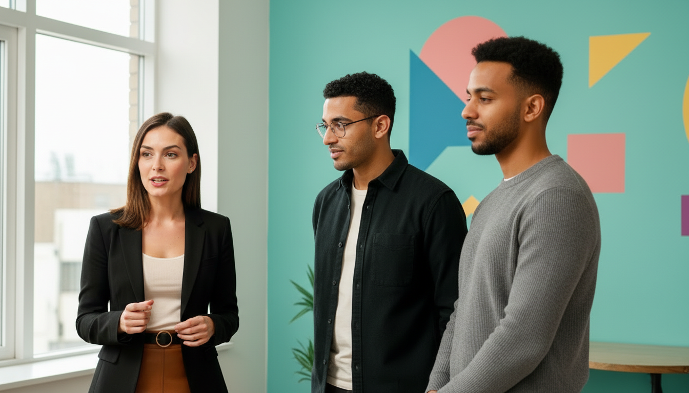 Jessica collaborates with Omar and Zak inside a UK creator studio, discussing modern social media tactics in a candid working moment.