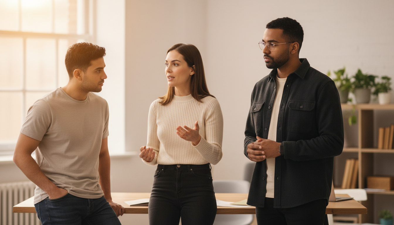Jessica discusses social media strategy with Omar and Zak inside a UK creator studio, collaborating naturally during content planning.