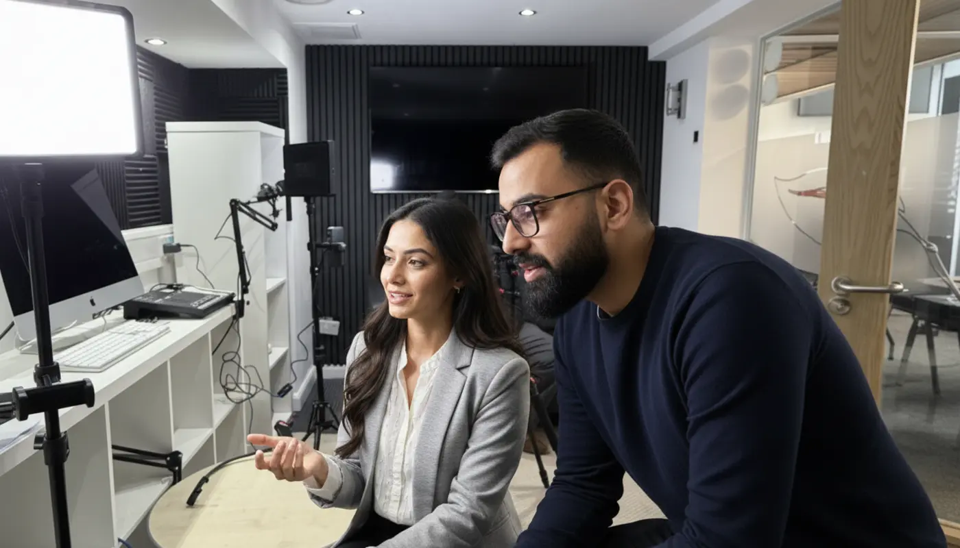 Sara and Omar discussing Office 365 productivity improvements inside a UK office.