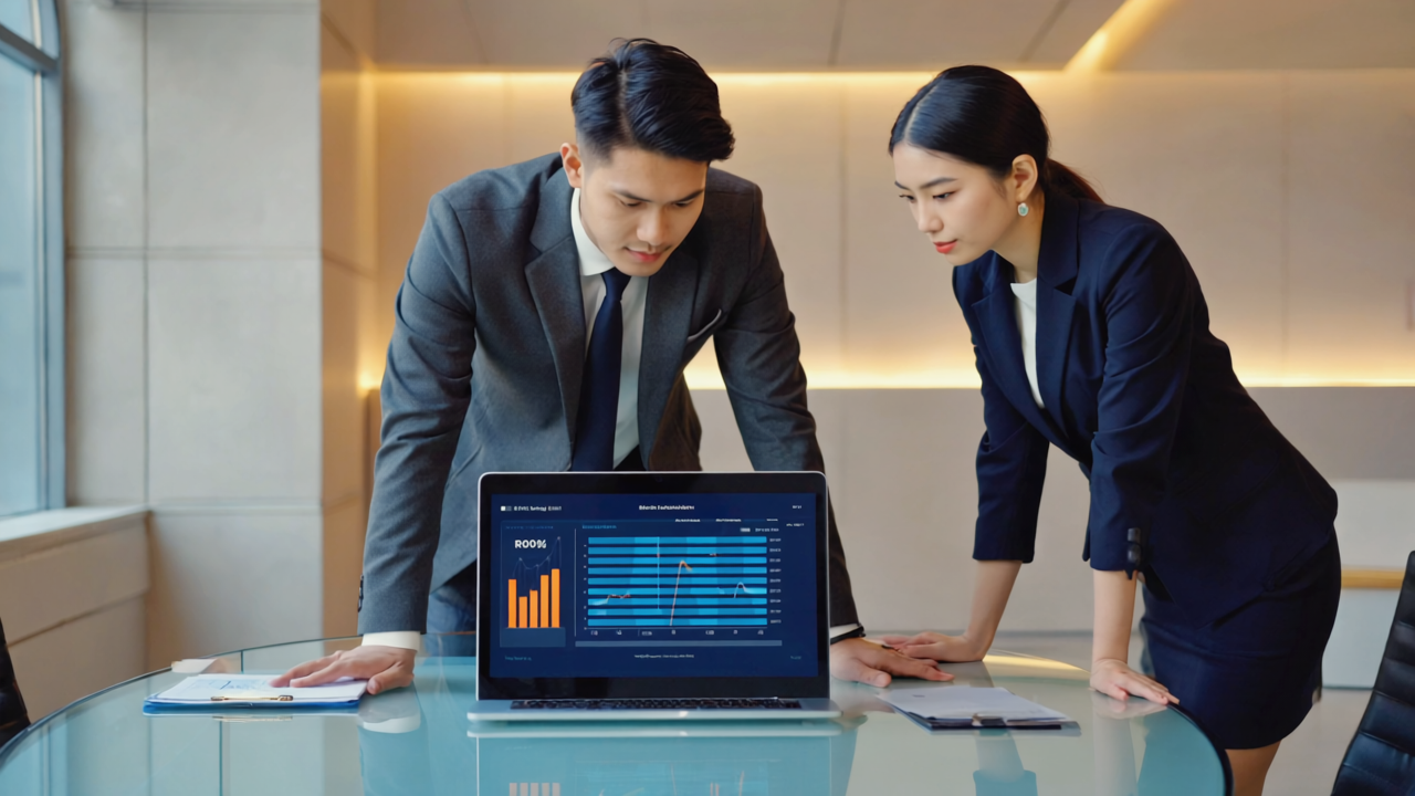 UK business professionals analyzing marketing ROI metrics on a laptop screen showing organic versus paid marketing comparison in a modern office.