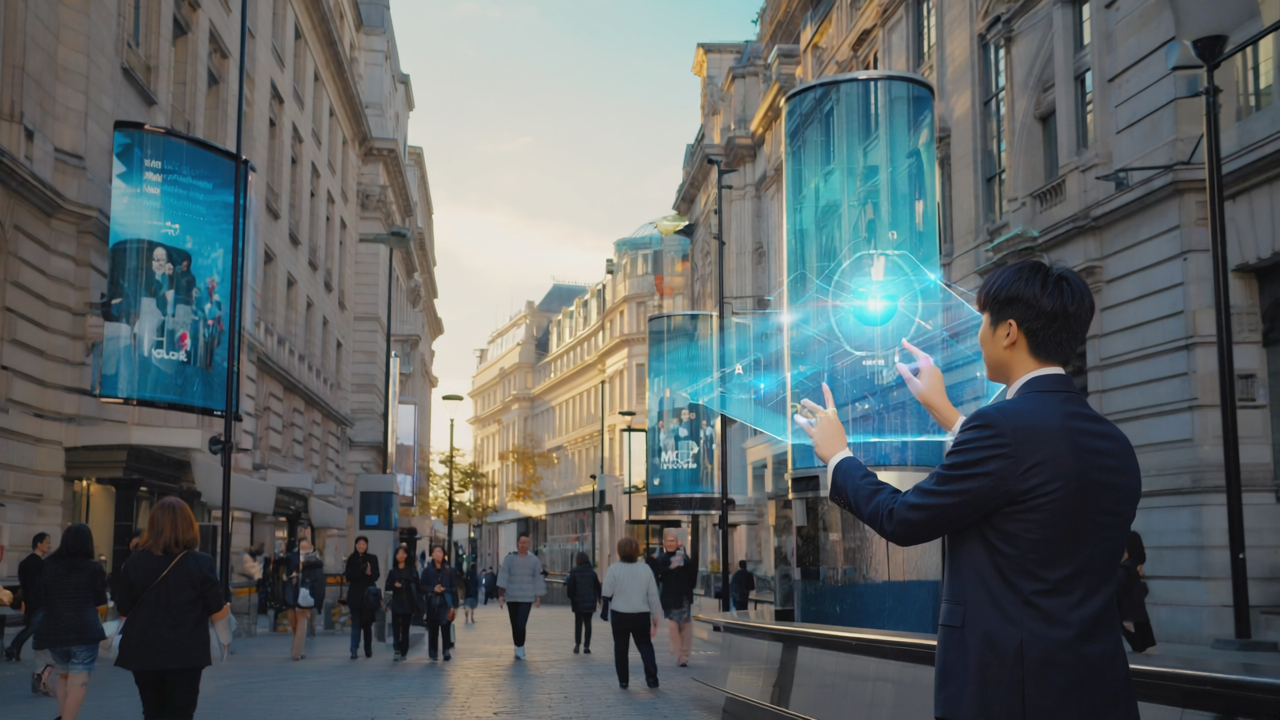 Busy London street with modern AI-personalised digital signage screens showing dynamic advertisements and people interacting, illustrating advanced, eco-friendly, and touchless 2026 UK digital signage trends.