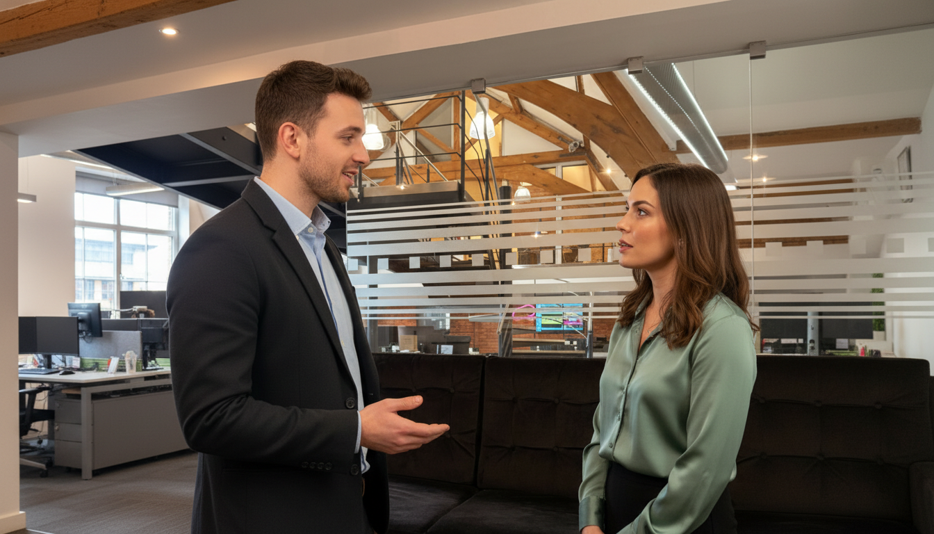Adam and Jessica discussing improvements to business call systems inside a UK office environment.