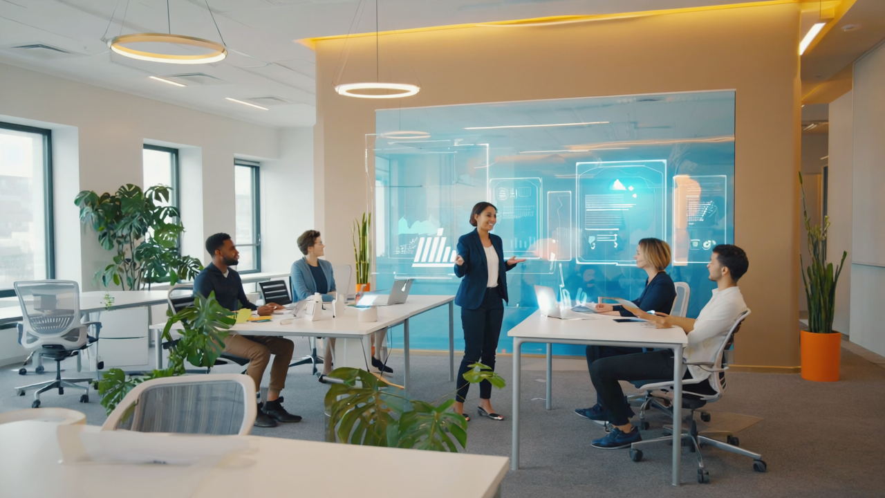 A diverse group of UK professionals working in a hybrid office setting with advanced technology and greenery, illustrating 2026 work trends.