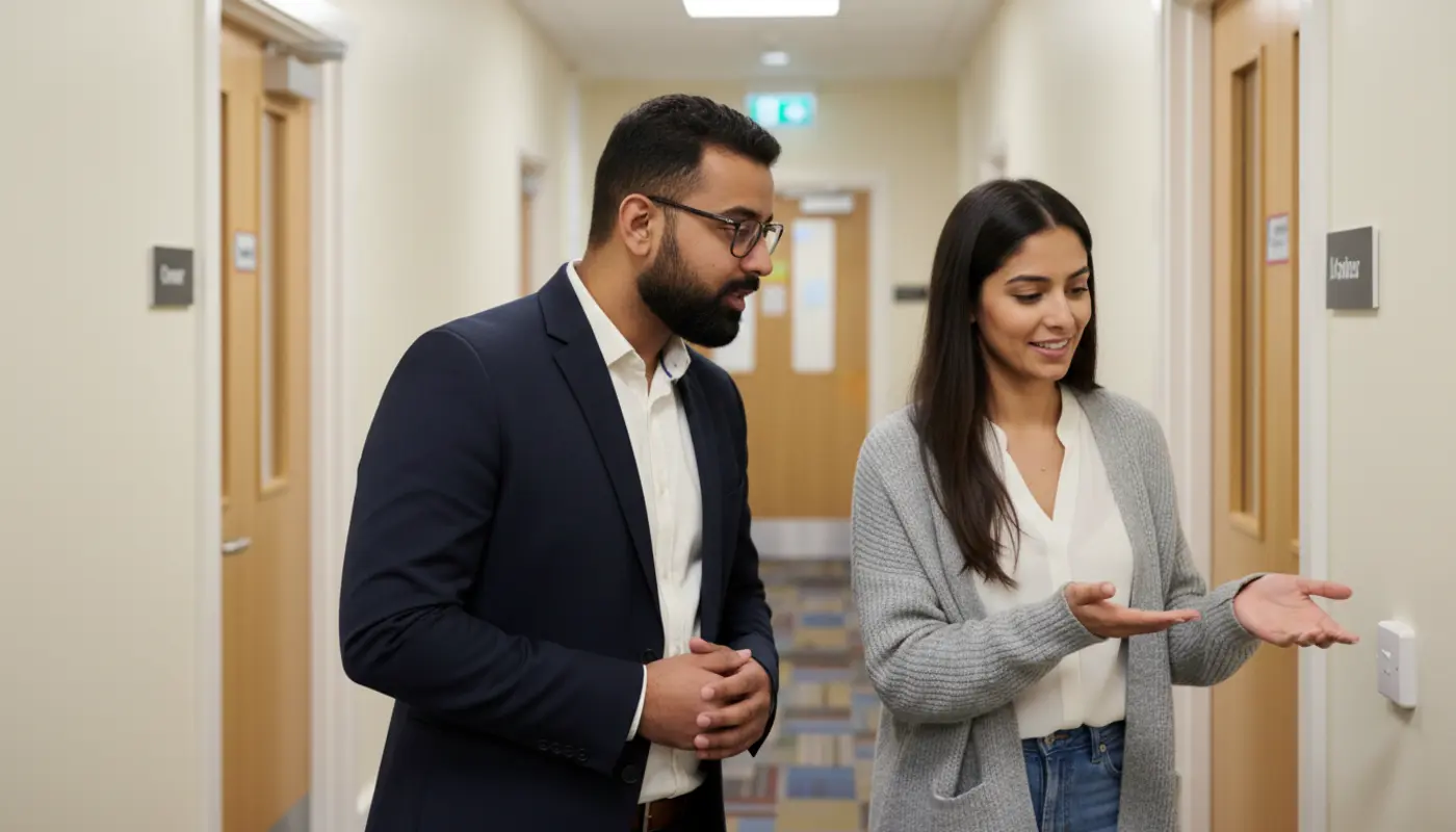 Omer and Sara discussing IT support inside a UK school corridor.