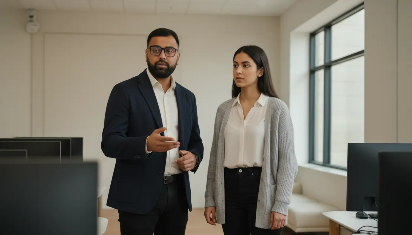 Omar and Sara collaborating on IT support work inside a UK office, mid‑discussion.