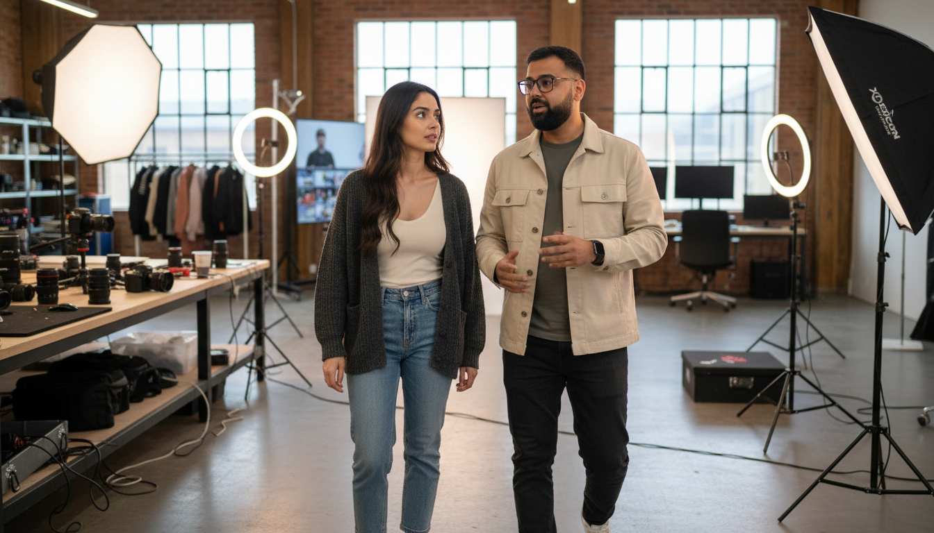Sara and Omar walk through a UK creator workspace, collaborating on YouTube Shopping content planning in a candid editorial scene.