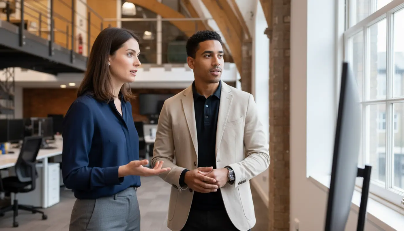Jessica and Zak discussing AI visual marketing work inside a UK office, mid‑conversation.