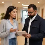Sara and tall Omar discussing AI voice workflow inside a UK care facility.