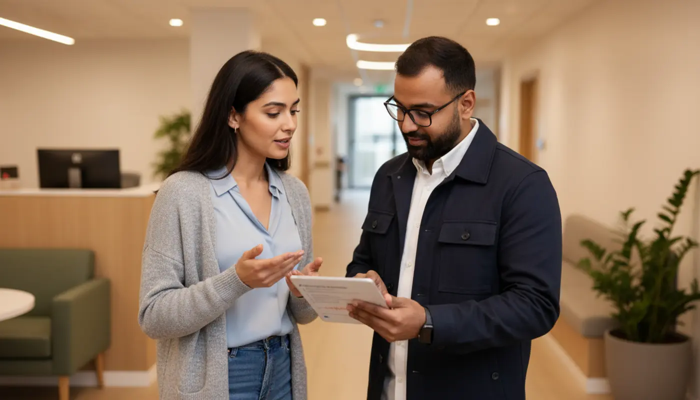 Sara and tall Omar discussing AI voice workflow inside a UK care facility.