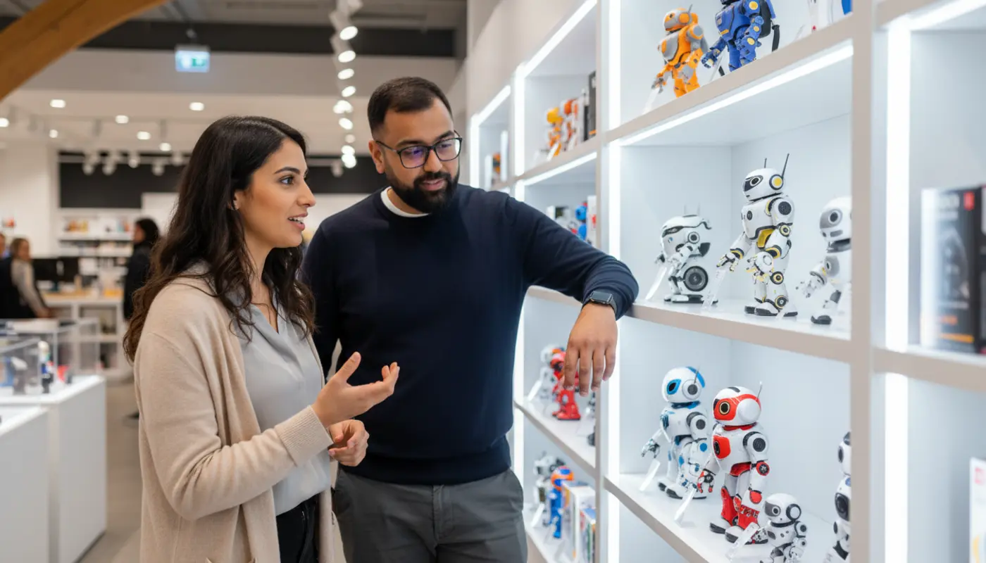 Omer and Sara discussing AI robot toy placement inside a UK tech retail store.