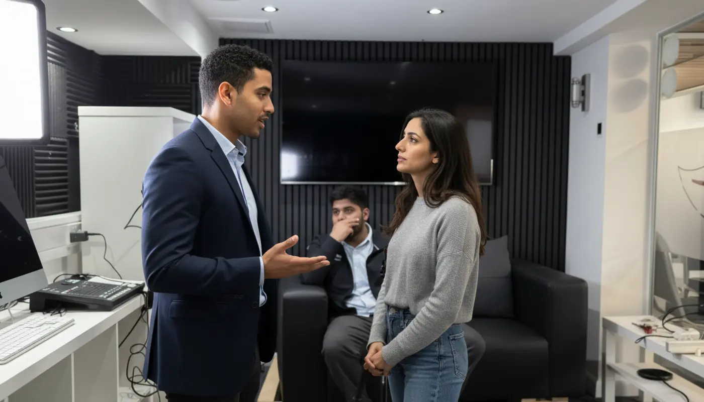 Zak and Sara discussing CRM strategy inside a UK office environment.