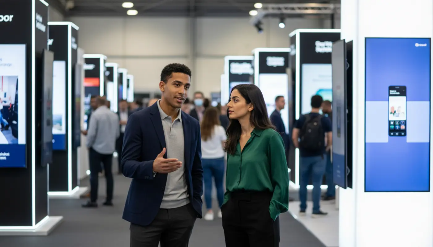 Zak and Sara discussing digital signage installation inside a UK exhibition hall.