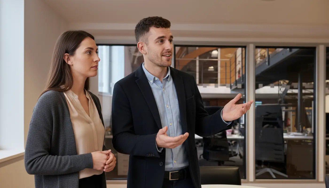 Adam and Jessica collaborating in a UK office discussing digital signage placement.