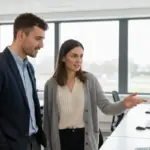 Adam and Jessica discussing digital standards inside a UK school IT suite.