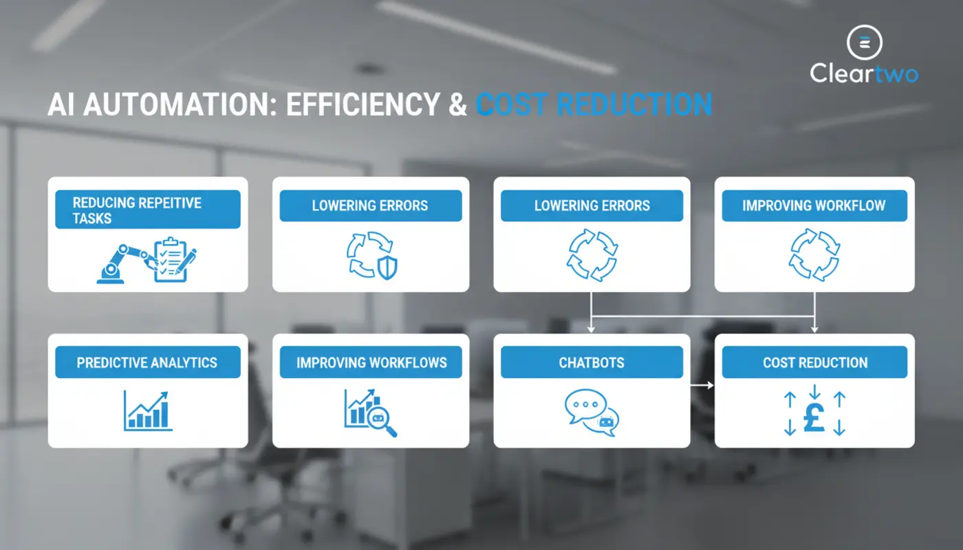 Infographic showing key ways AI automation boosts efficiency and reduces business costs.