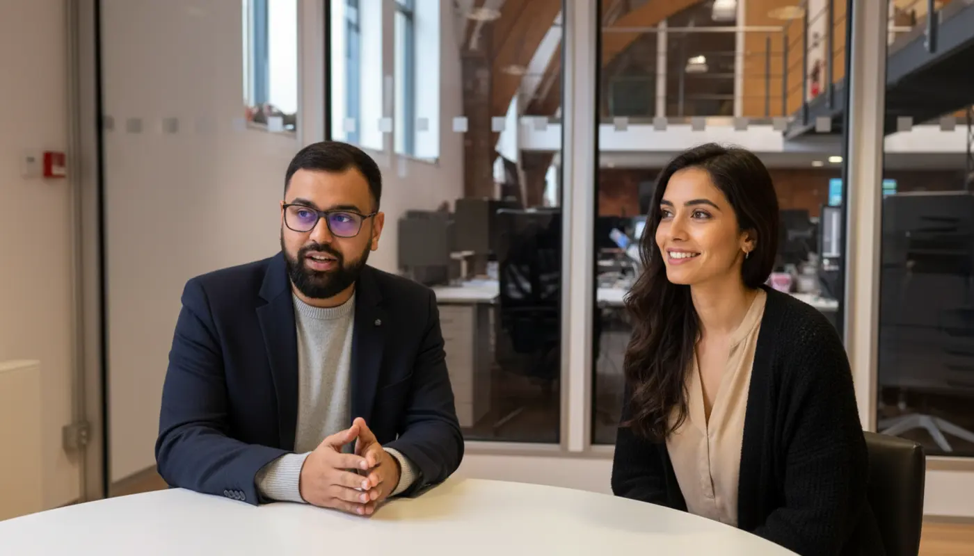 Omer and Sara discussing local SEO strategy inside a UK office.