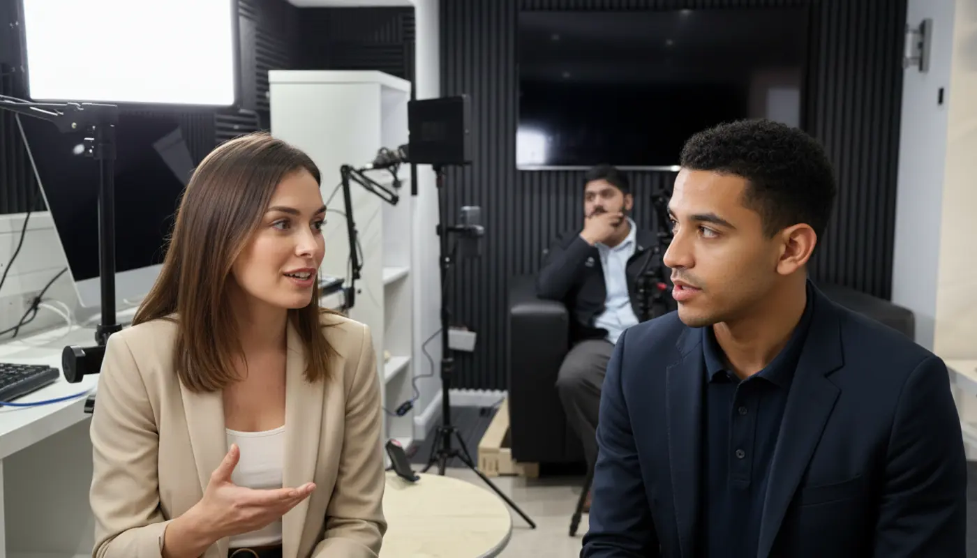 Jessica and Zak discussing agency growth inside a UK office, captured mid‑conversation.