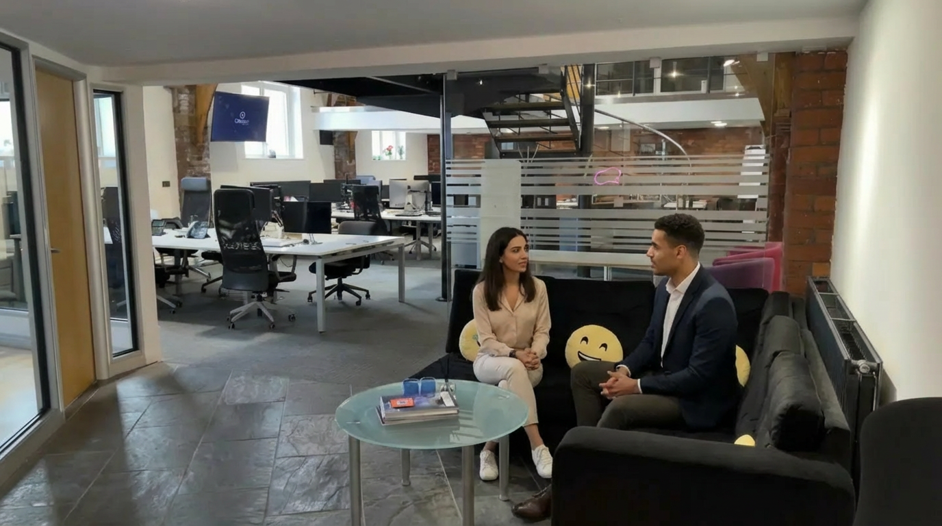 Zak and Sara walking through a UK office while discussing Shopify Payments.