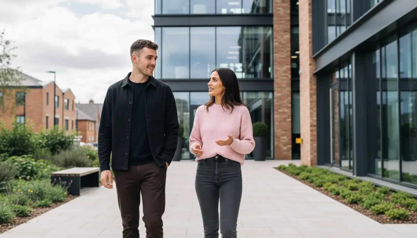 How To Use Adobe Artificial Intelligence Adam and Sara walking outside a UK office building discussing Adobe AI.