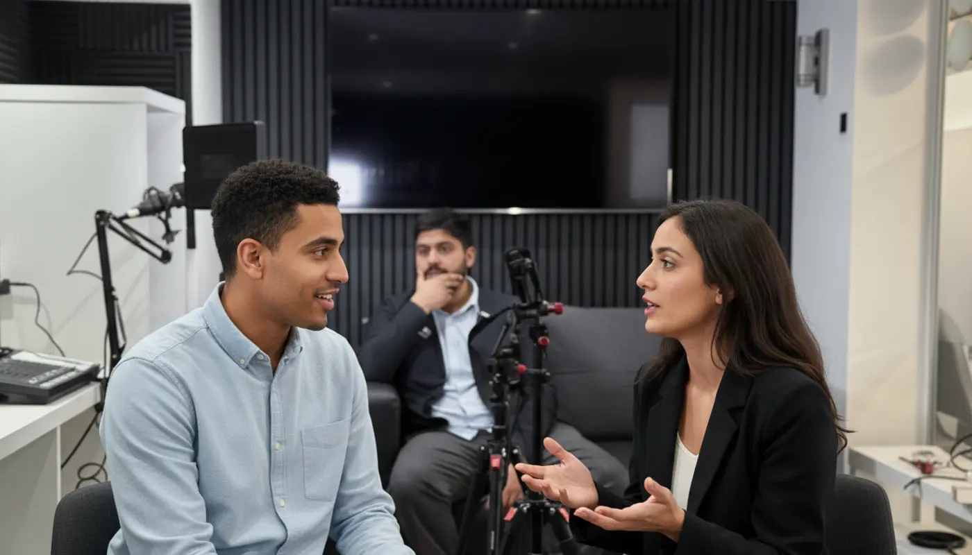 Zak and Sara discussing Shopify store planning inside a UK office.