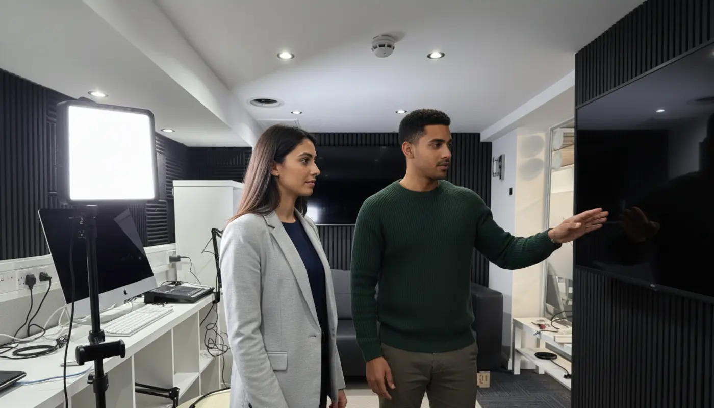 Sara and Zak discussing VOIP business setup inside a UK office.