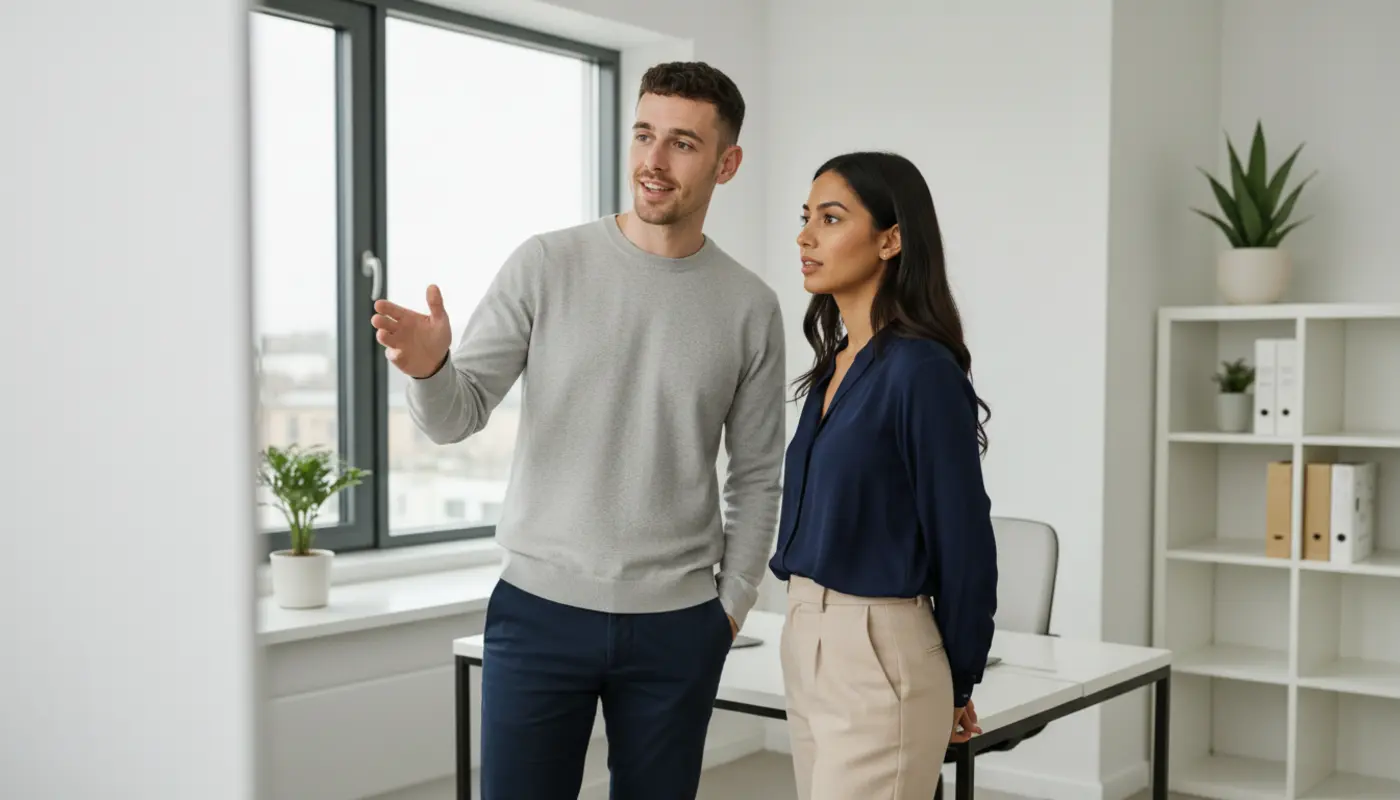 Adam and Sara discussing TikTok content strategy inside a UK creator studio.