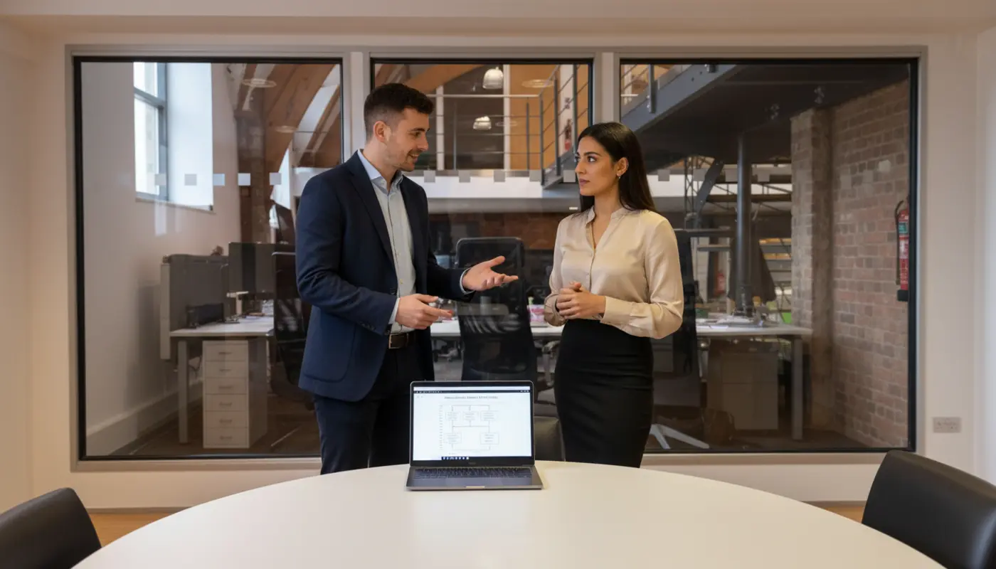 Adam and Sara discussing recruitment workflow inside a UK business office.